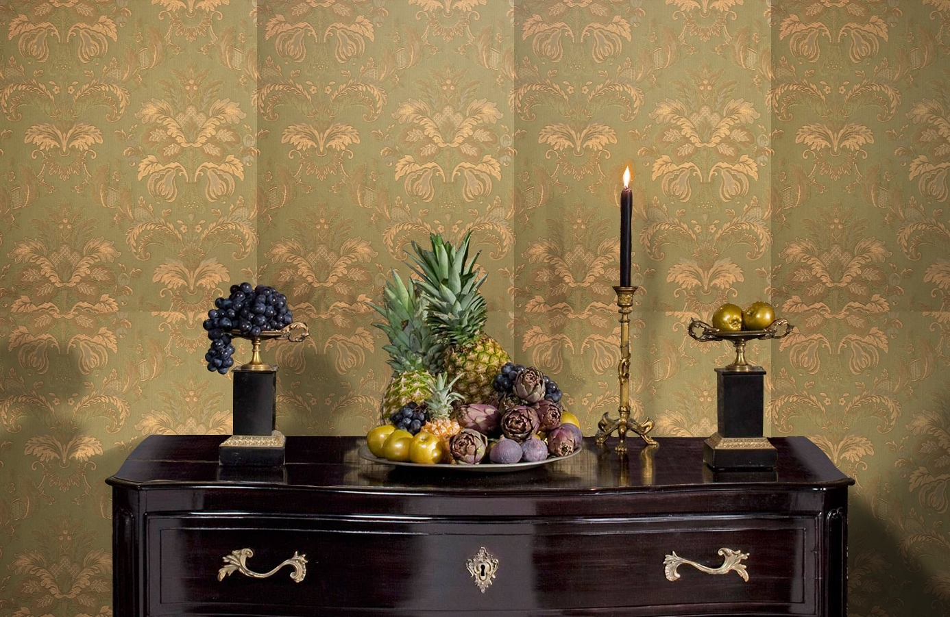 Обои Bergamo Olive-221 фото в интерьере гостиной