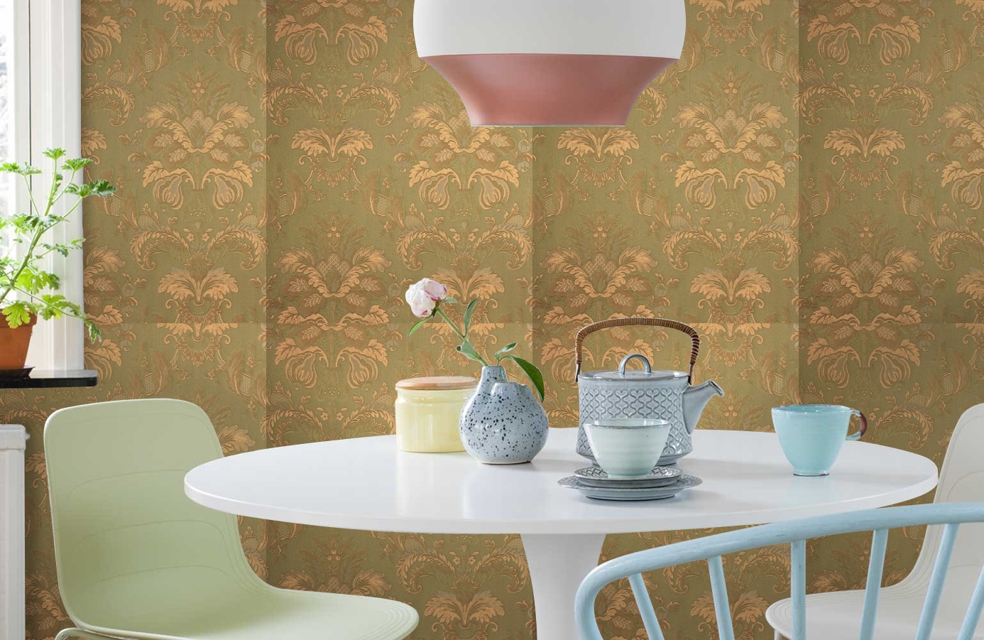 Обои Bergamo Olive-221 фото в интерьере кухни