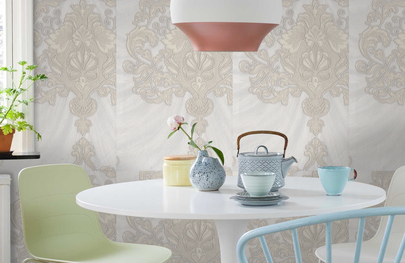 Обои 1157-11 фото в интерьере кухни