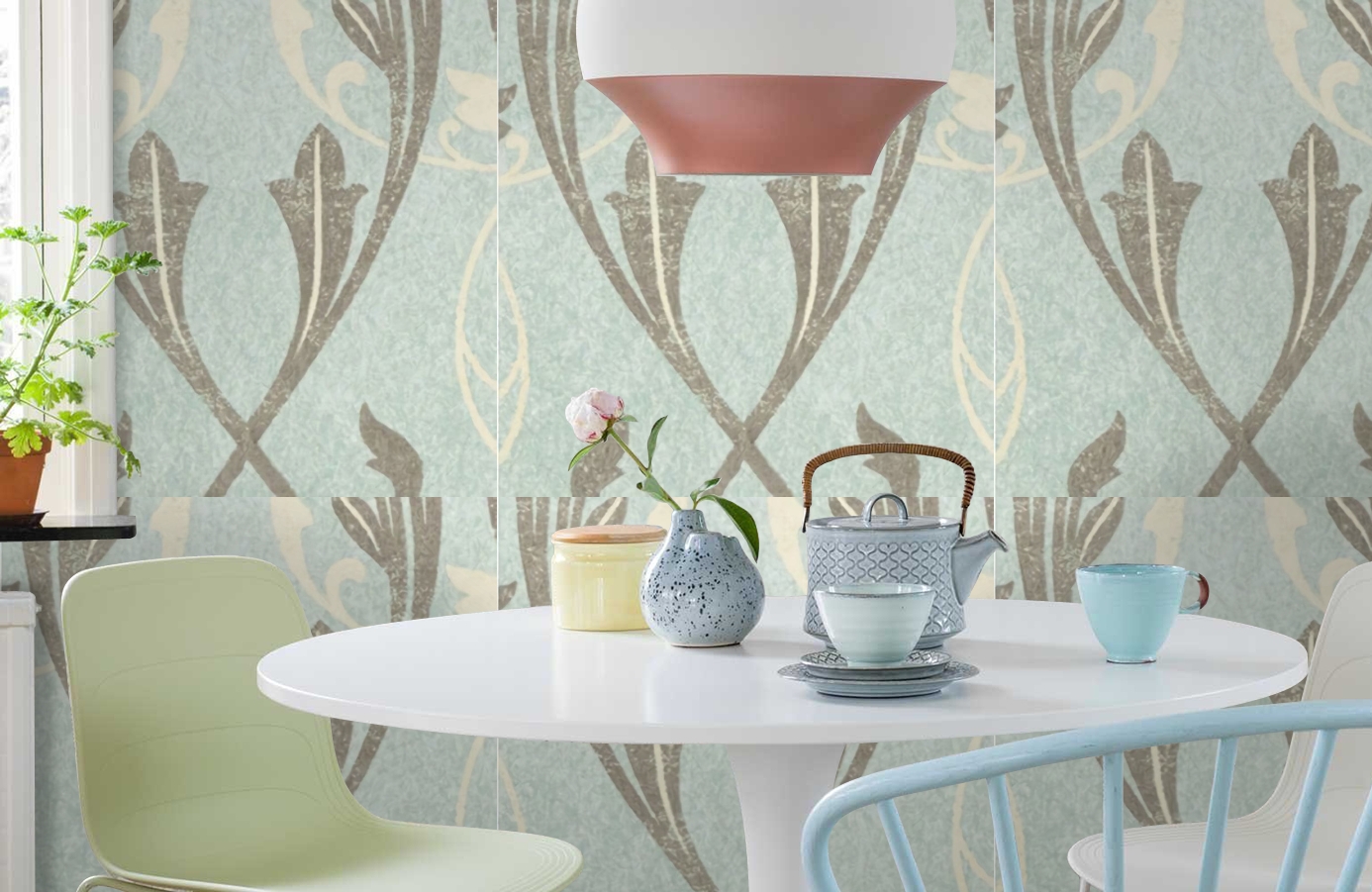 Обои Chateau-Powderblue-Wpcw18 фото в интерьере кухни