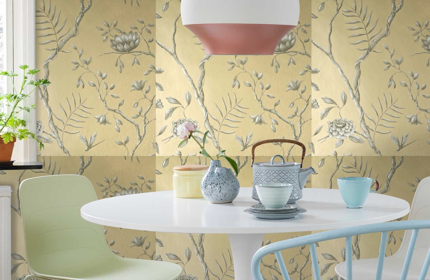 Обои Jasper Peony Metallic фото в интерьере кухни