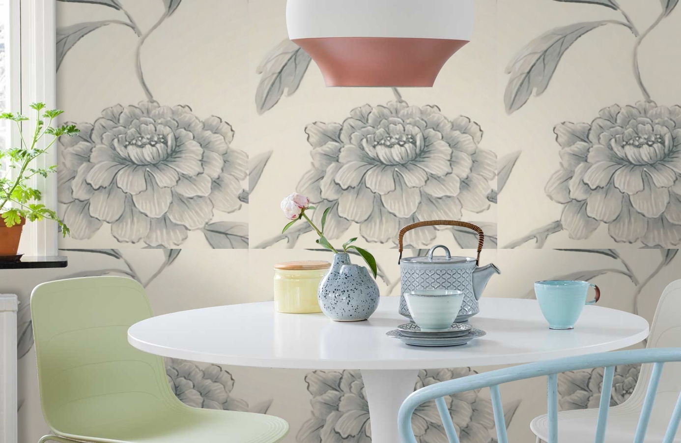 Обои Jasperpeony-Aqua-Wpcw1790 фото в интерьере кухни