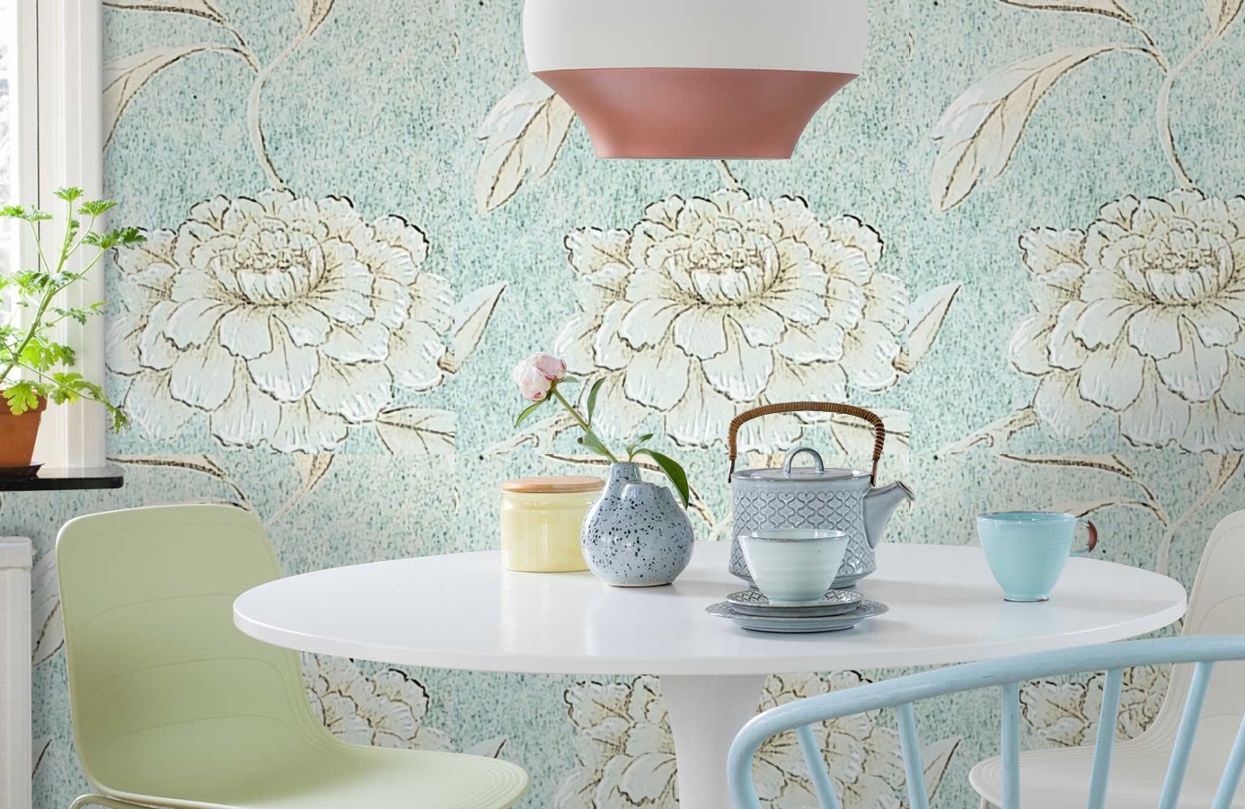 Обои Jasperpeony-Balticblue-Wp фото в интерьере кухни Обои Jasperpeony-Balticblue-Wp фото в интерьере кухни