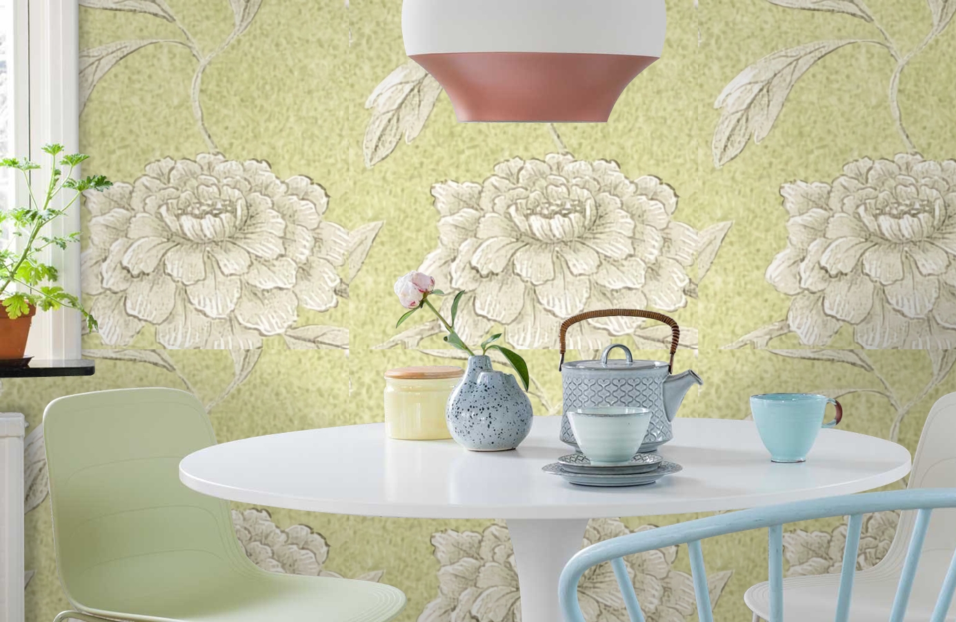 Обои Jasperpeony-Celadon-Wpcw1 фото в интерьере кухни