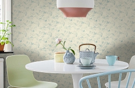 Обои Aviary Toile La Mer Fabri фото в интерьере кухни превью