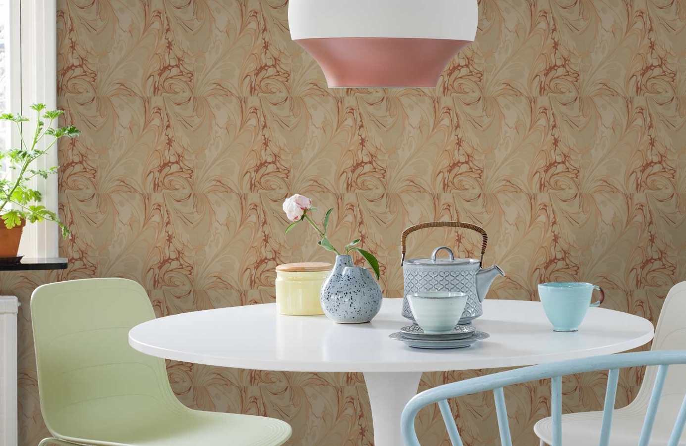 Обои Marble-Coral-Wpcw15936736 фото в интерьере кухни