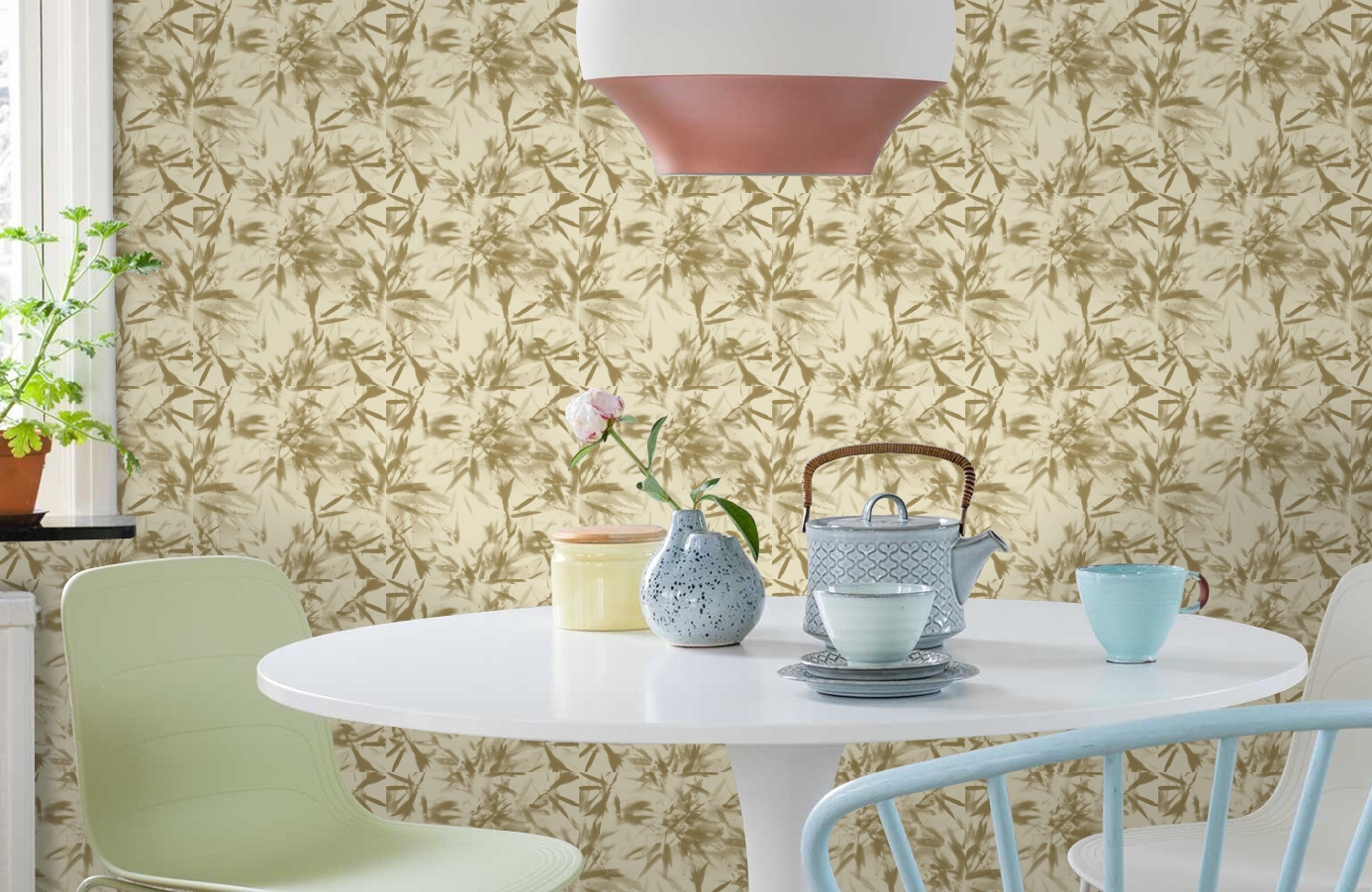 Обои 1985-3 фото в интерьере кухни