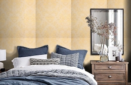 Обои Bergamo Honey-103 фото в интерьере спальни превью