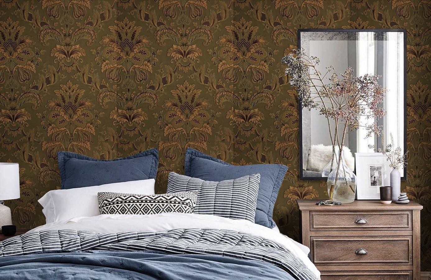 Обои Bergamo Verdure-82 фото в интерьере спальни