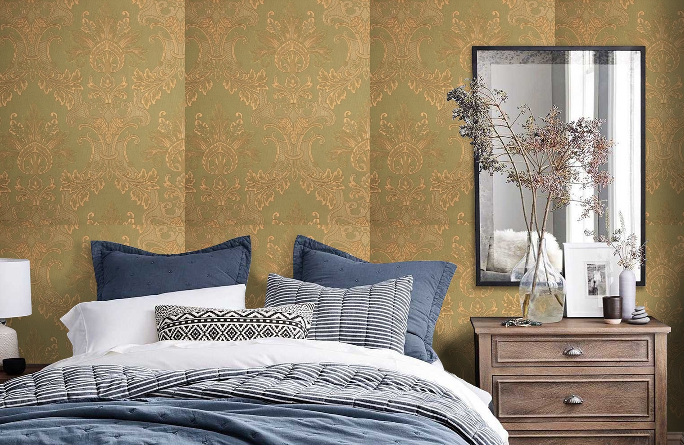 Обои Milano Olive-221 фото в интерьере спальни