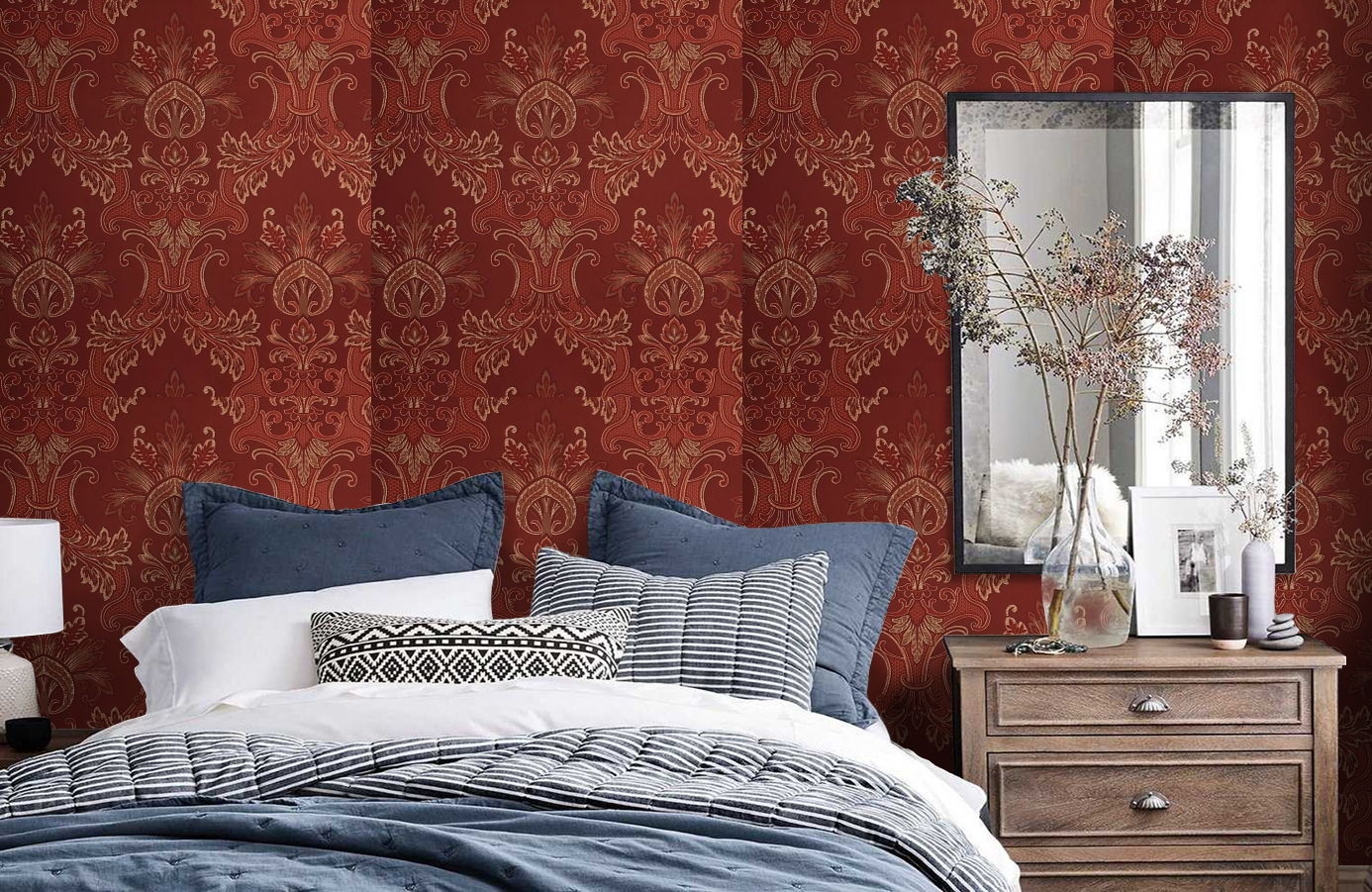 Обои Milano Rubino-131 фото в интерьере спальни