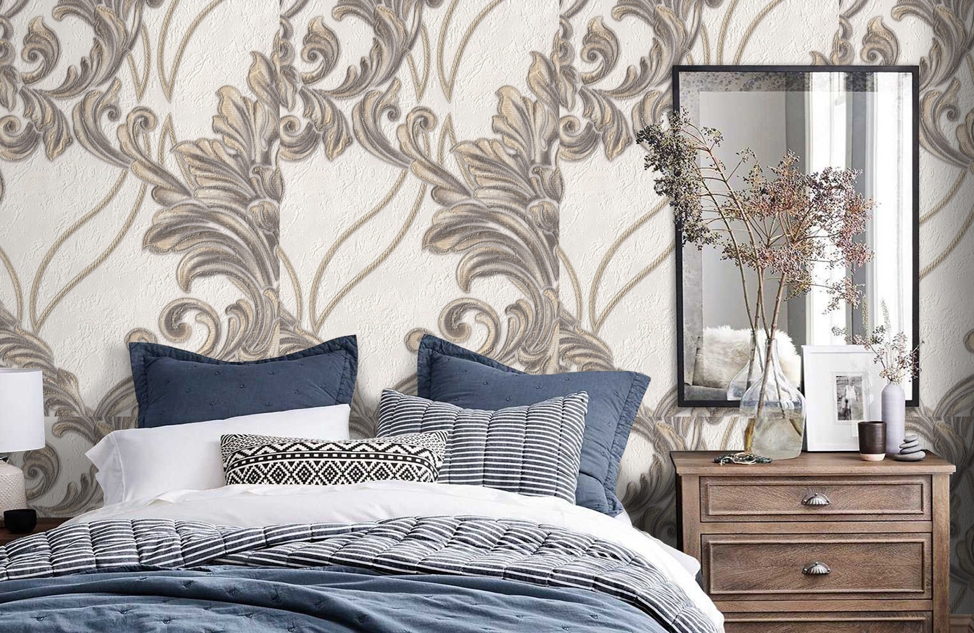 Обои 1153-17 фото в интерьере спальни