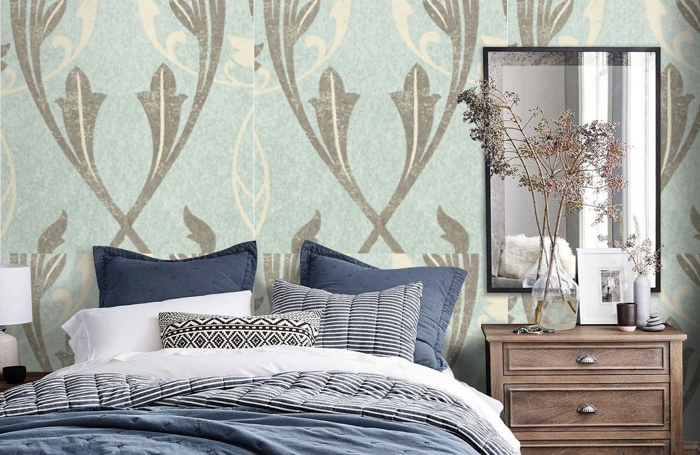 Обои Chateau-Powderblue-Wpcw18 фото в интерьере спальни