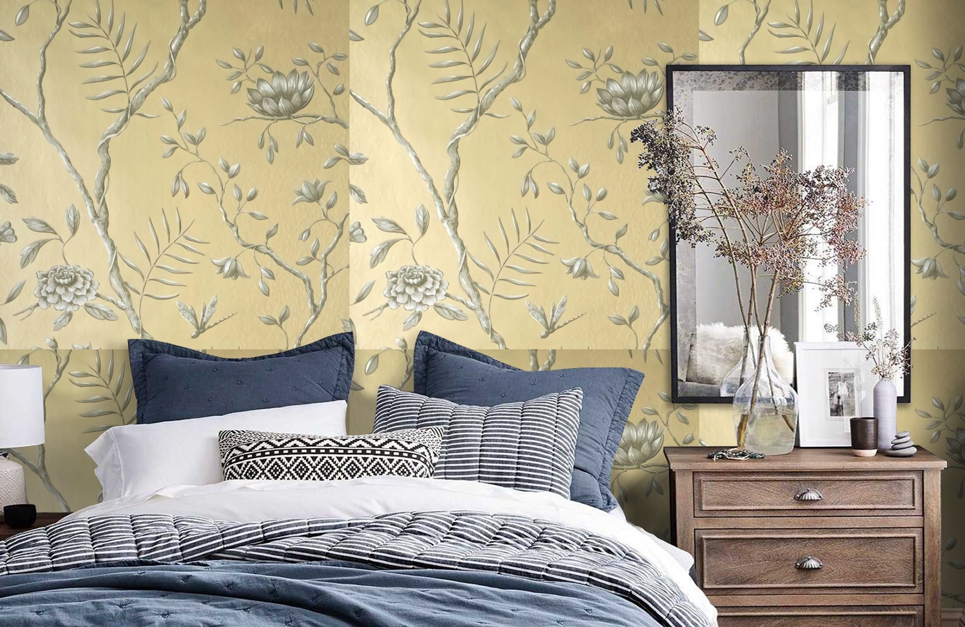 Обои Jasper Peony Metallic фото в интерьере спальни