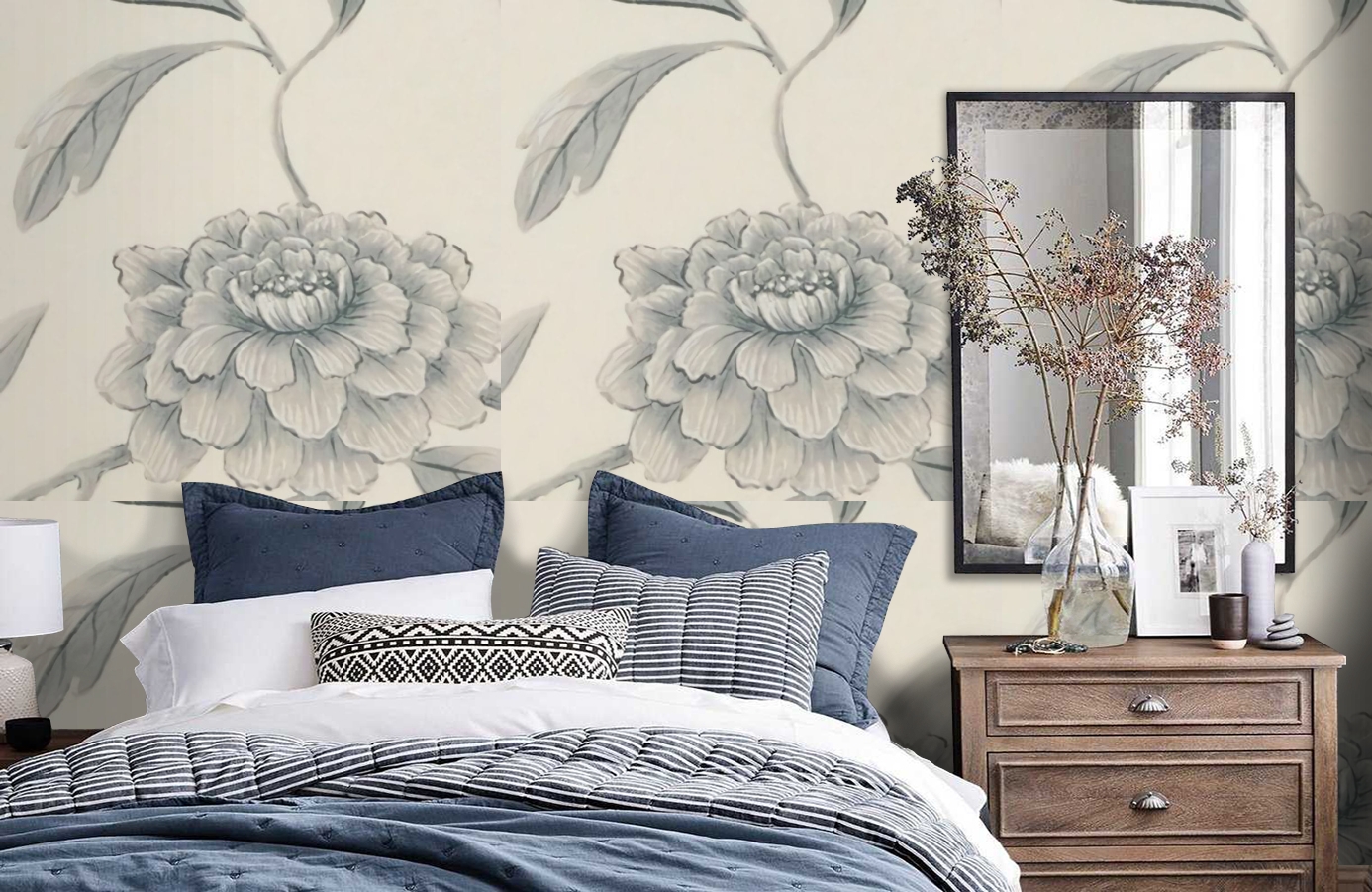 Обои Jasperpeony-Aqua-Wpcw1790 фото в интерьере спальни