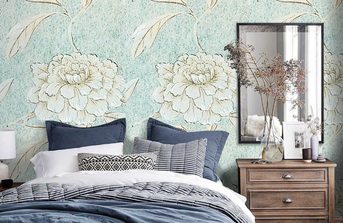 Обои Jasperpeony-Balticblue-Wp фото в интерьере спальни Обои Jasperpeony-Balticblue-Wp фото в интерьере спальни