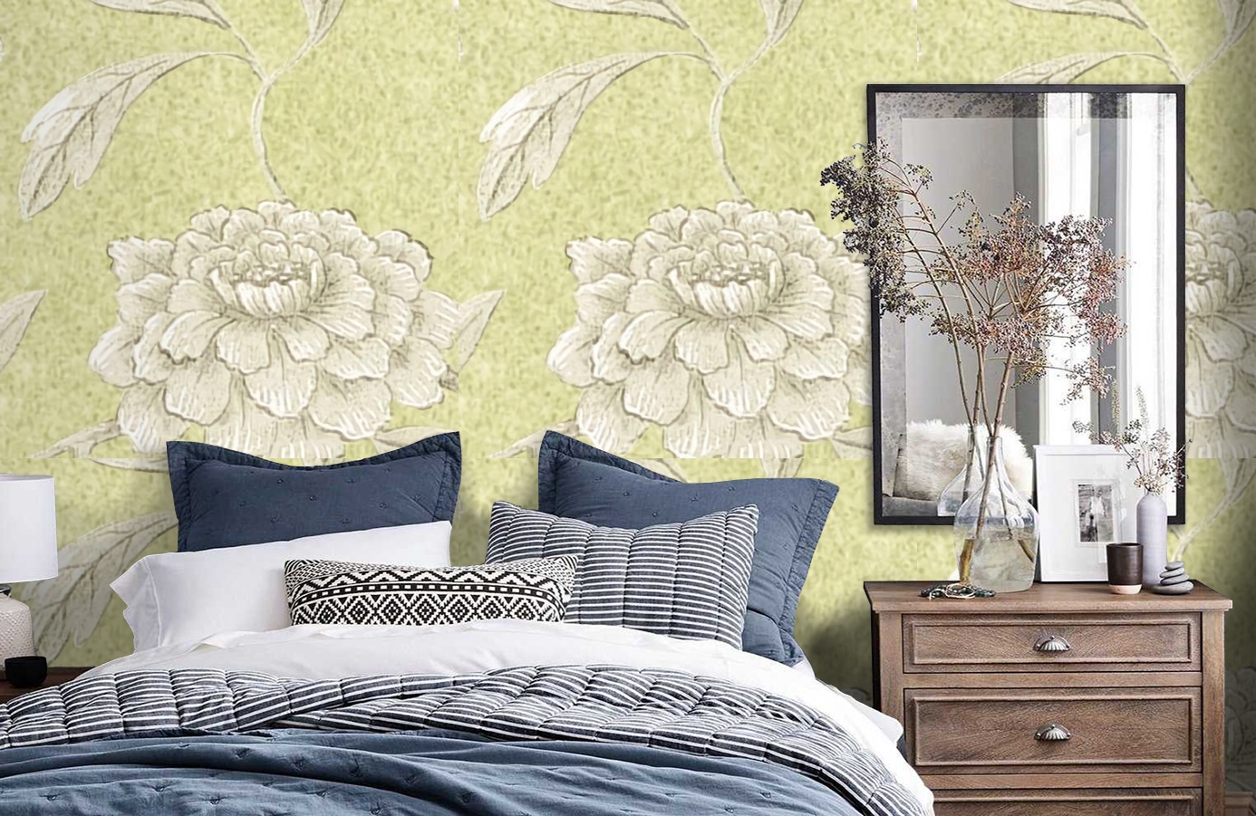 Обои Jasperpeony-Celadon-Wpcw1 фото в интерьере спальни