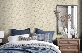 Обои Aviary Toile Bisque Fabri фото в интерьере спальни превью