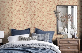 Обои Aviary Toile Rouge Fabric фото в интерьере спальни превью