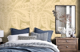 Обои Venetiandamask-Celadon-Wp фото в интерьере спальни превью