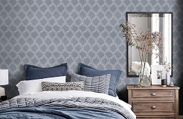 Обои Madeleine Bleu фото в интерьере спальни превью