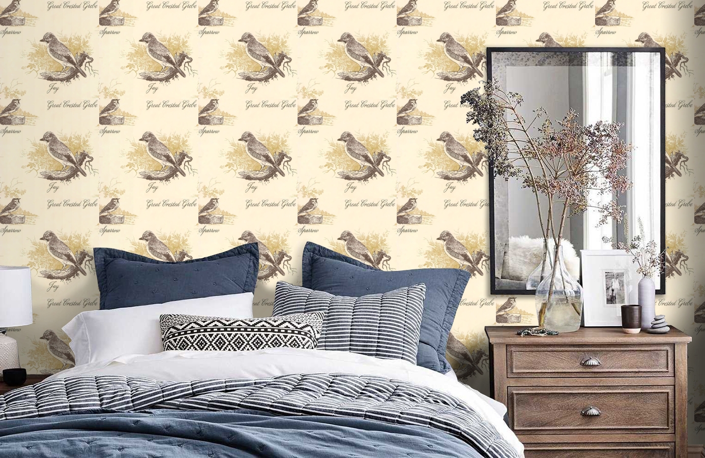 Обои Bewickbirds-Gorse-Wpcw116 фото в интерьере спальни