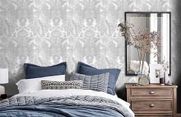 Обои Kew Charcoal фото в интерьере спальни превью