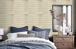 Обои Plantatiom Linen PL01 фото в интерьере спальни превью