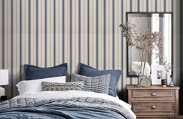 Обои Remi Stripe Indigo фото в интерьере спальни превью