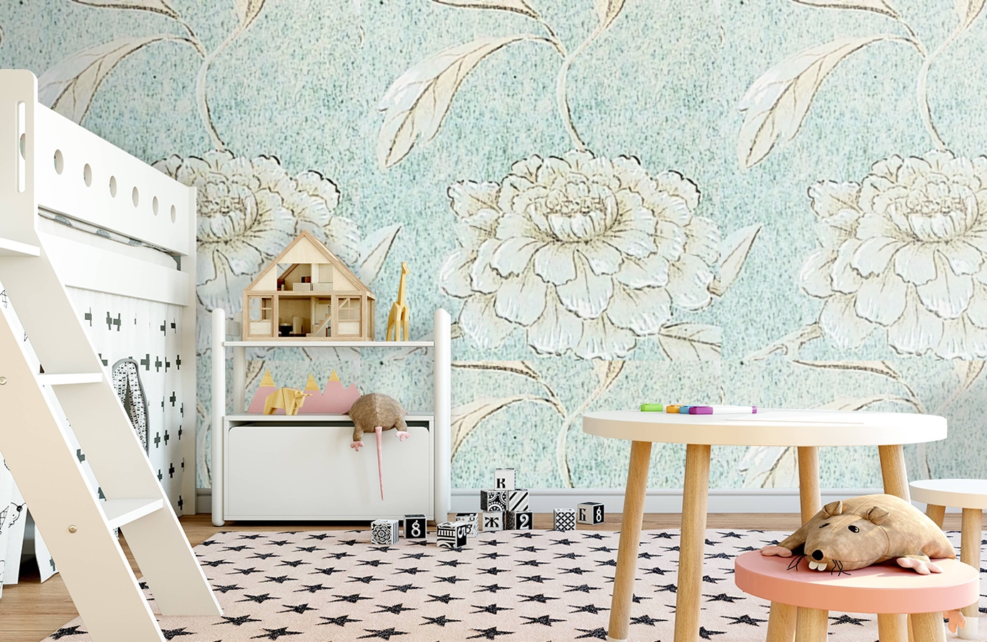 Обои Jasperpeony-Balticblue-Wp фото в интерьере детская Обои Jasperpeony-Balticblue-Wp фото в интерьере детская