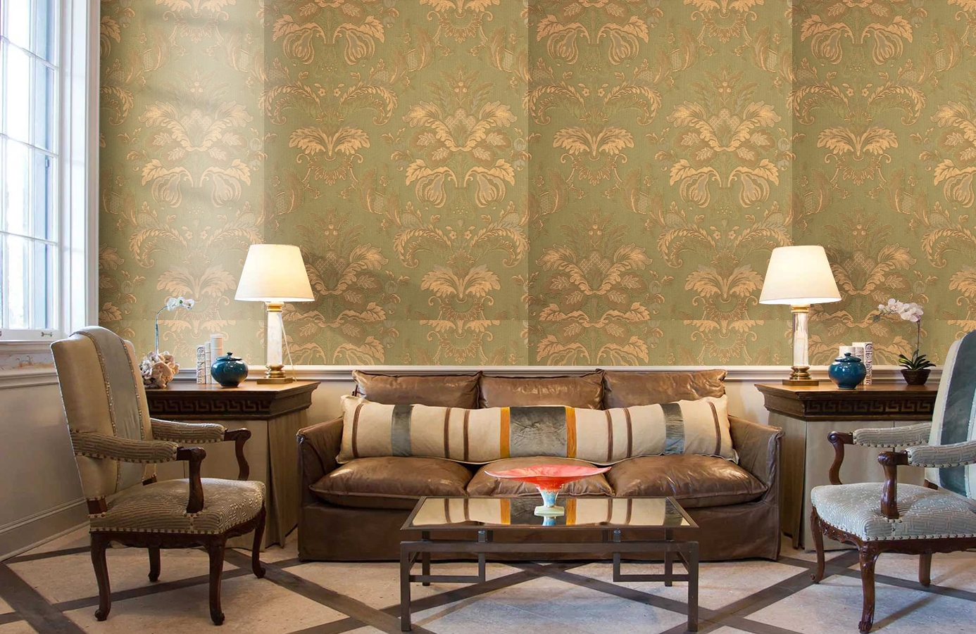 Обои Bergamo Olive-221 фото в интерьере кабинета