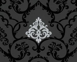 дешевые обои черные в комнату AS-Creation с дамаском Black White 3 955381 На фото дешевые обои черные в комнату AS-Creation с дамаском Black White 3 955381